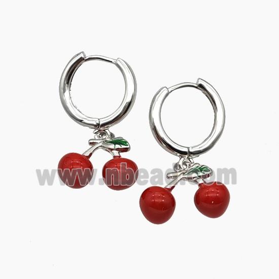 Copper Cherry Hoop Earrings Red Enamel Platinum Plated