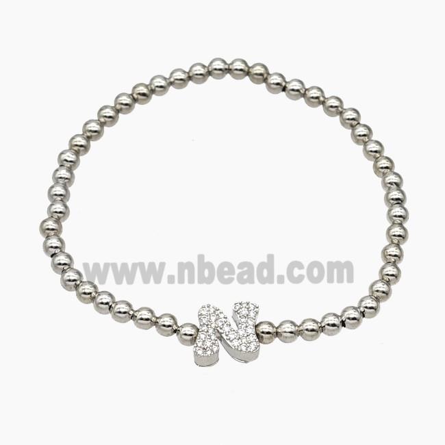 Copper Ball Bracelet With Letter-N Pave Zirconia Stretchy Platinum Plated