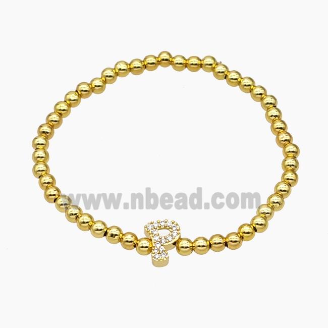 Copper Ball Bracelet With Letter-P Pave Zirconia Stretchy Gold Plated