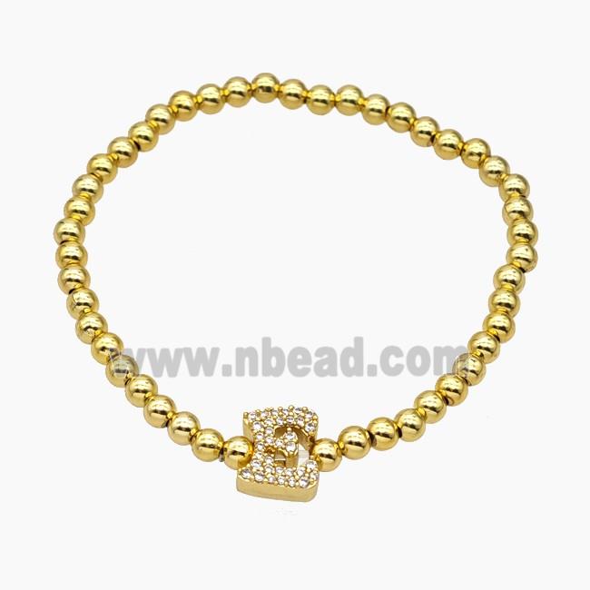Copper Ball Bracelet With Letter-E Pave Zirconia Stretchy Gold Plated