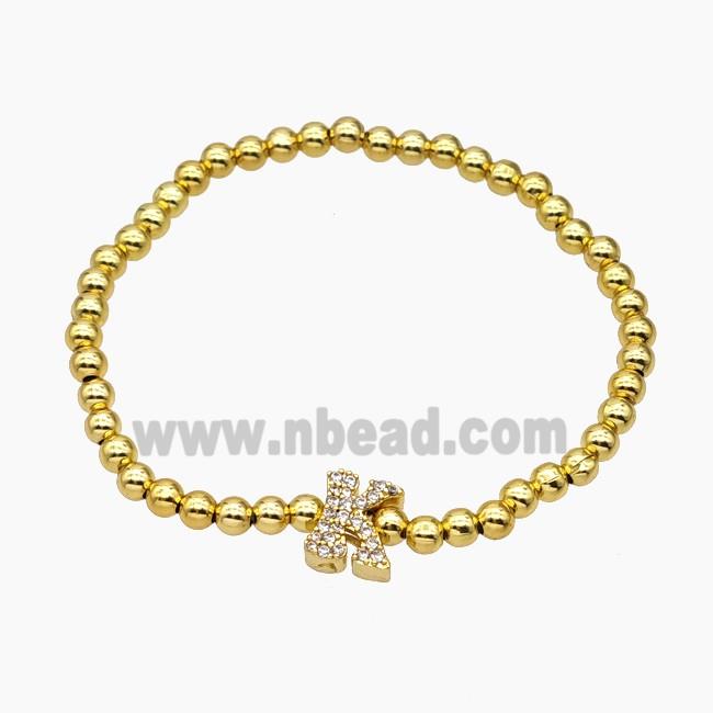 Copper Ball Bracelet With Letter-K Pave Zirconia Stretchy Gold Plated