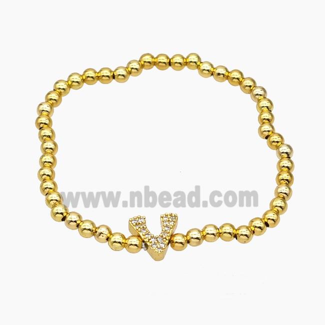 Copper Ball Bracelet With Letter-V Pave Zirconia Stretchy Gold Plated