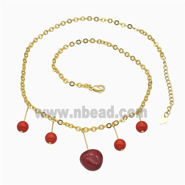 Copper Necklace With Red Pearlized Resin Gold Plated