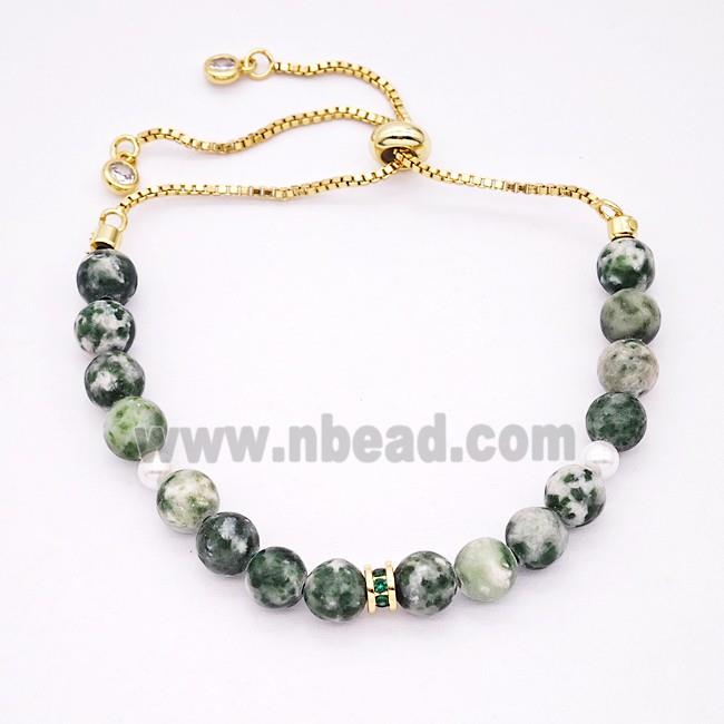 Green Dalmatian Jasper Bracelet Adjustable Copper Gold Plated