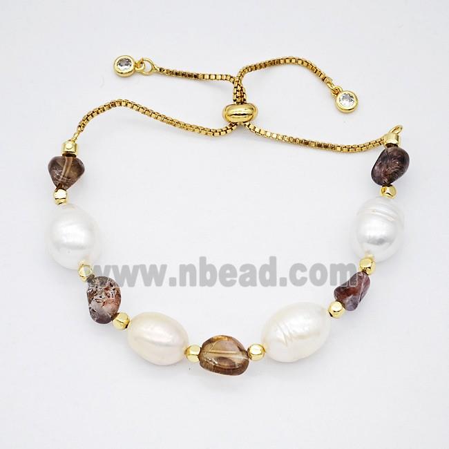 Pearl And Gemstone Bracelet Adjustable Copper Gold Plated