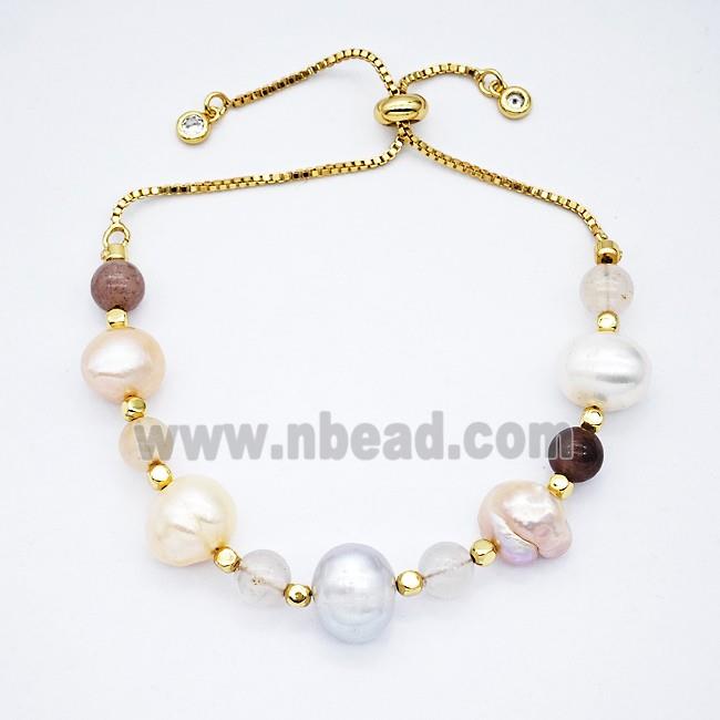 Pearl And Gemstone Bracelet Adjustable Copper Gold Plated