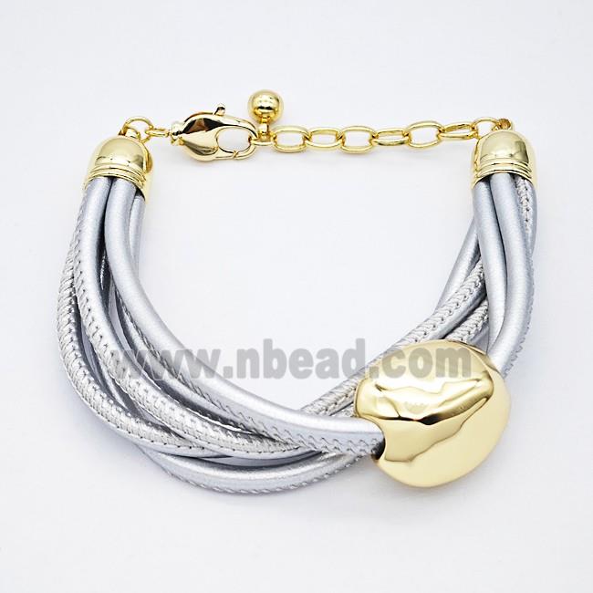 Silver PU Leather Bracelet With Copper Beads Gold Plated