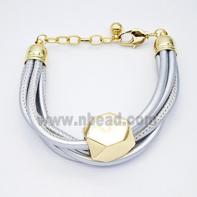 Silver PU Leather Bracelet With Copper Beads Gold Plated