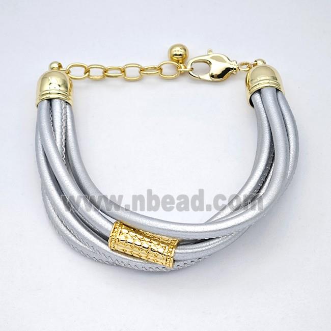 Silver PU Leather Bracelet With Copper Beads Gold Plated