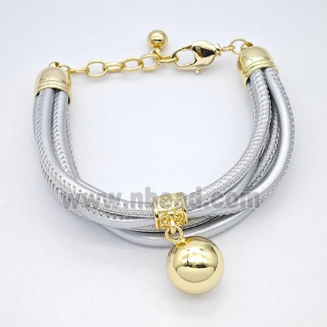 Silver PU Leather Bracelet With Copper Beads Gold Plated