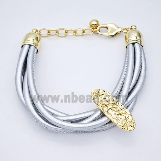 Silver PU Leather Bracelet With Copper Beads Gold Plated