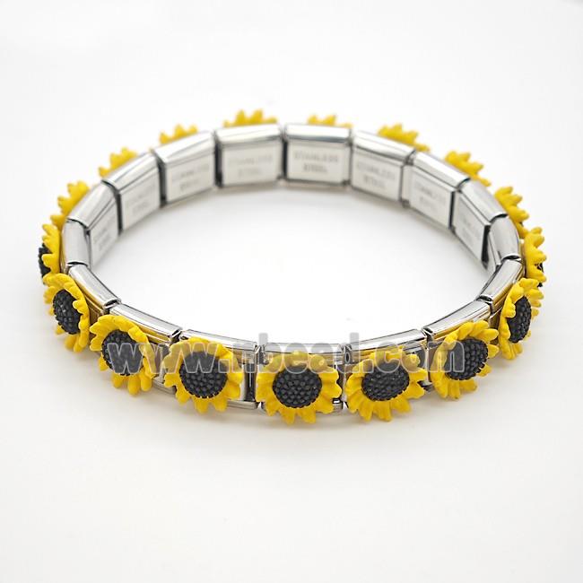 Raw Stainless Steel Module Bracelet Pave Resin Sunflower