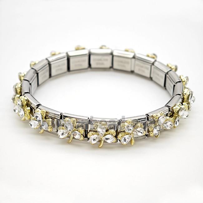 Raw Stainless Steel Module Bracelet Pave Resin Crystal Glass Clover