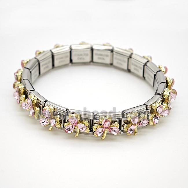 Raw Stainless Steel Module Bracelet Pave Resin Crystal Glass Clover