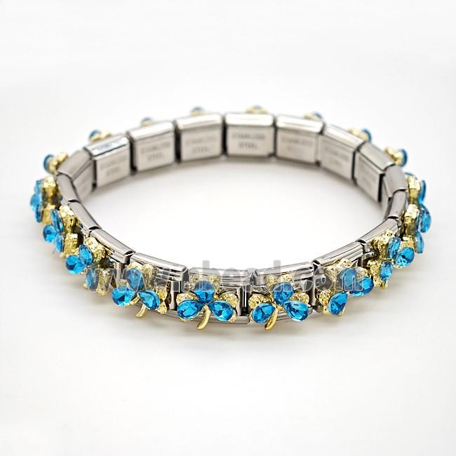 Raw Stainless Steel Module Bracelet Pave Resin Crystal Glass Clover