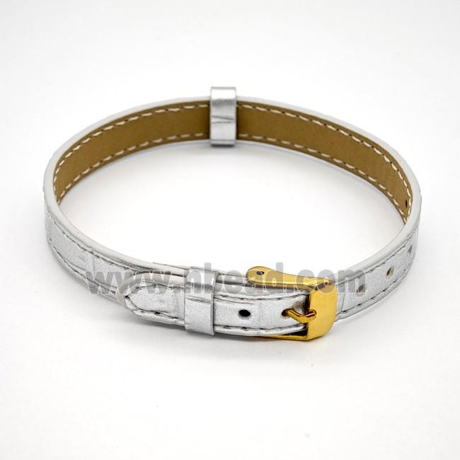Silver PU Leather Strap Bracelet