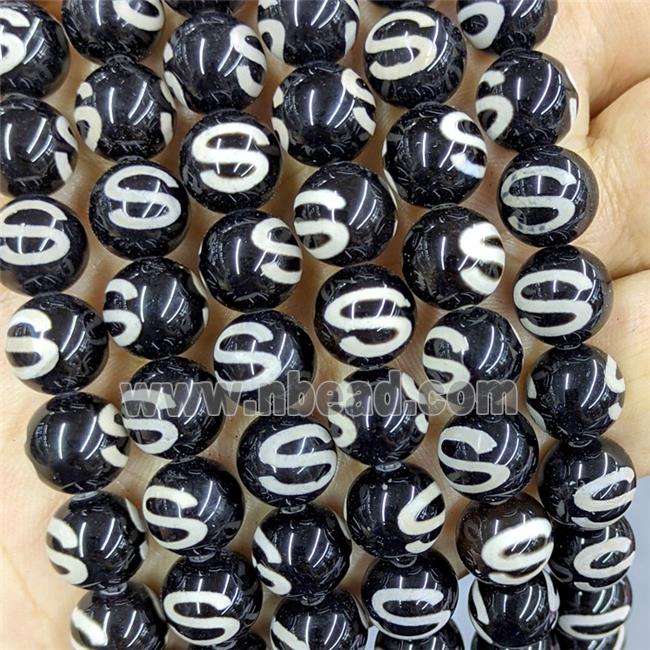 Black Tibetan Agate Beads Smooth Round