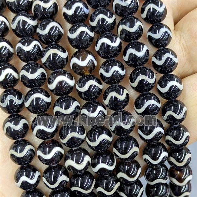 Black Tibetan Agate Beads Smooth Round Wave