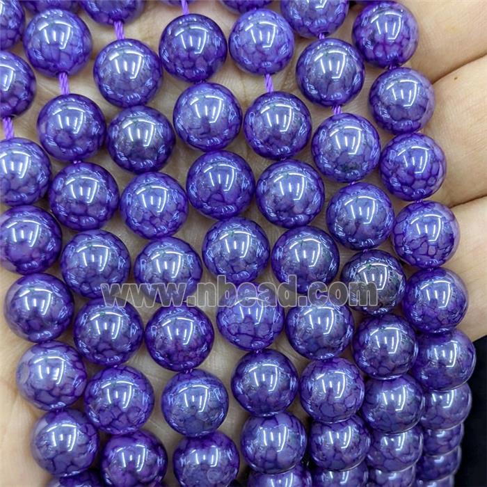 Natural Dragon Veins Agate Beads Purple Dye Smooth Round Electroplated