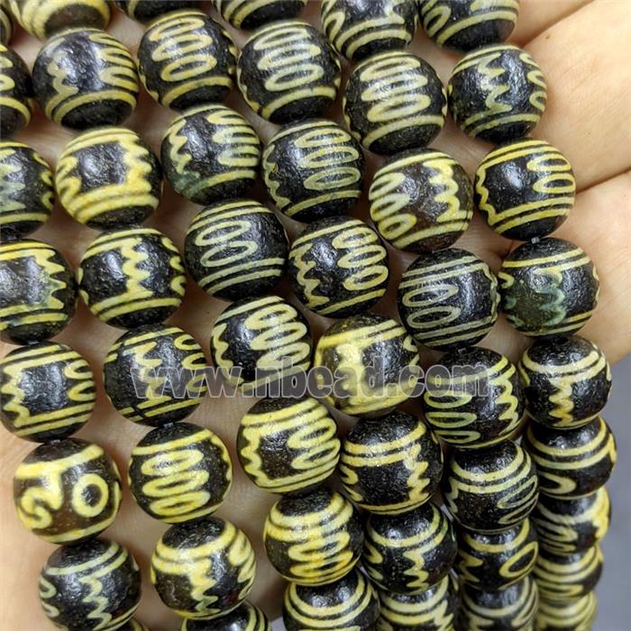 Black Tibetan Agate Round Beads Yellow