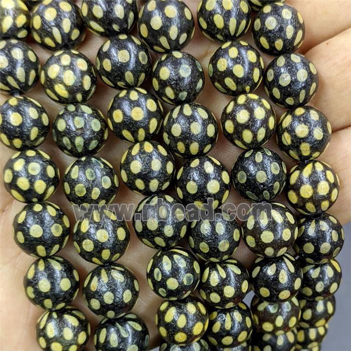 Black Tibetan Agate Round Beads Yellow Spot