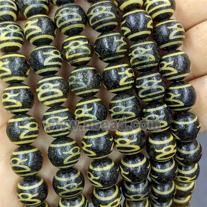 Black Tibetan Agate Round Beads Yellow