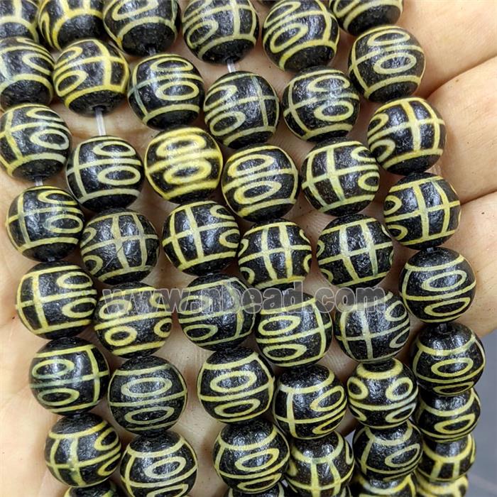 Black Tibetan Agate Round Beads Yellow
