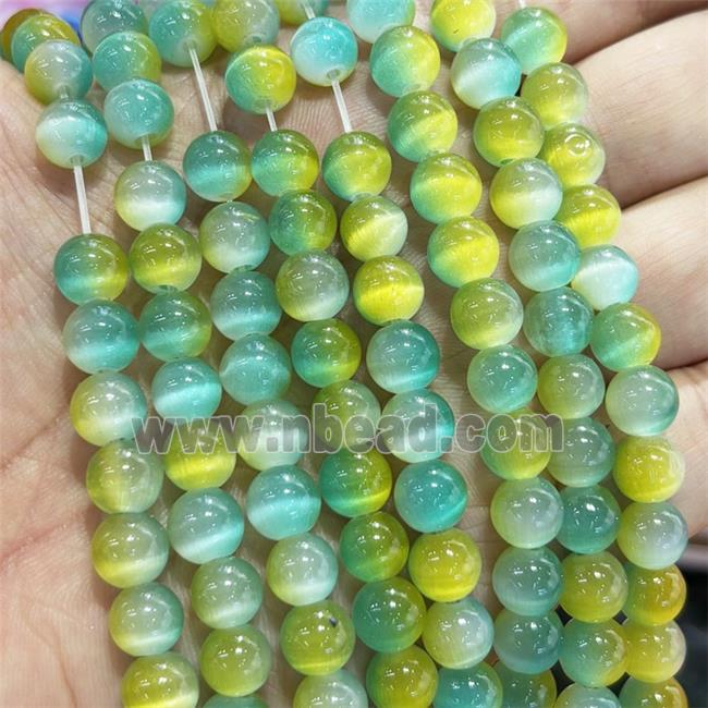 Cat Eye Round Beads Smooth Green Yellow Dye