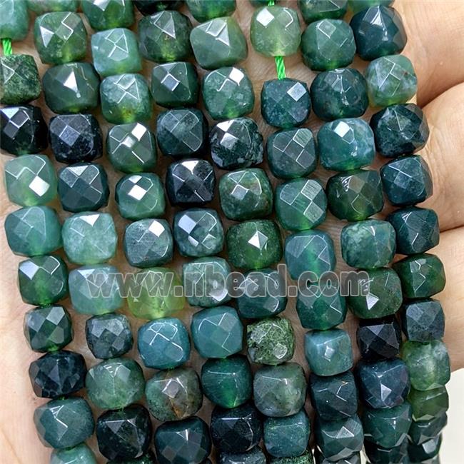 Natural Green Moss Agate Beads Faceted Cube