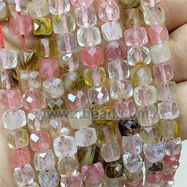 Pink Synthetic Quartz Beads Faceted Cube Tigerskin