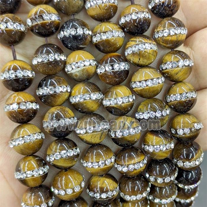 Natural Tiger Eye Stone Round Beads Pave Rhinestone