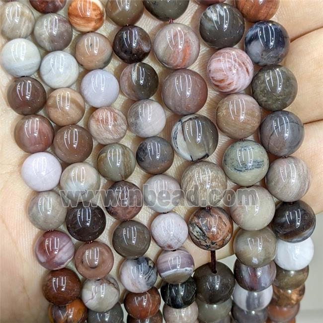 Natural Wood Petrified Jasper Beads Multicolor Smooth Round