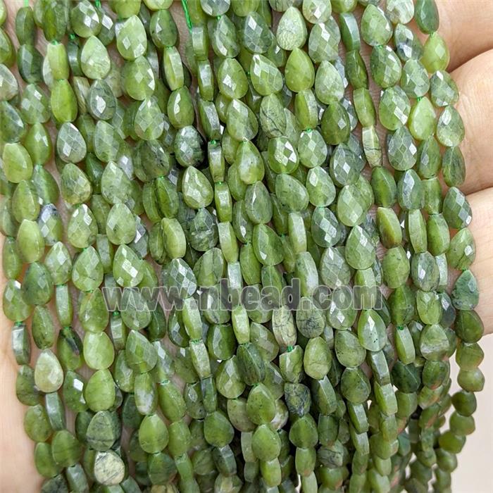 Natural Green Chinese Nephrite Jade Teardrop Beads Faceted