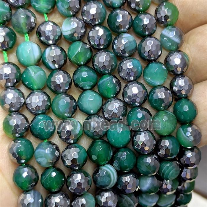 Natural Green Striped Agate Beads Banded Dye Half Silver Electroplated