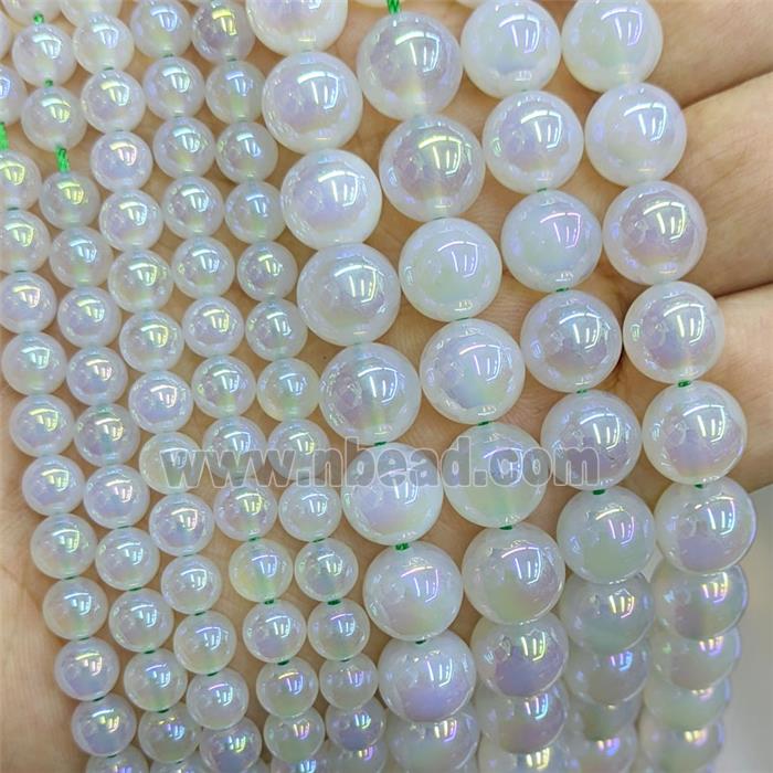 White Agate Beads Smooth Round AB-Color Electroplated