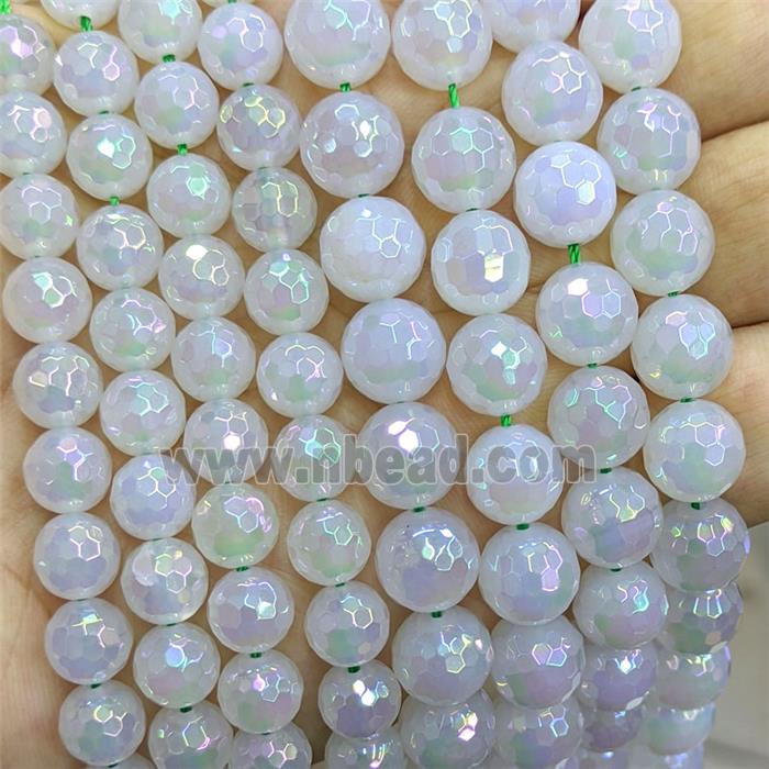 White Agate Beads Faceted Round AB-Color Electroplated