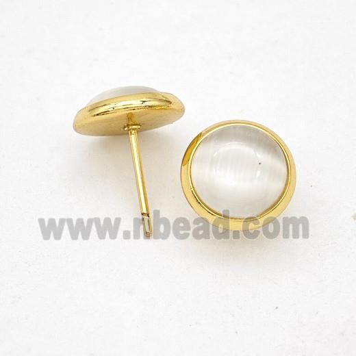 White Cateye Stone Stud Earrings Copper Gold Plated