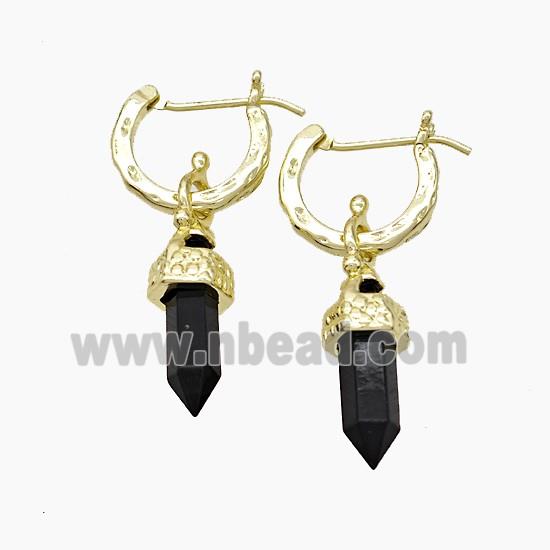 Copper Leaveback Earrings With Black Obsidian Prism Gold Plated