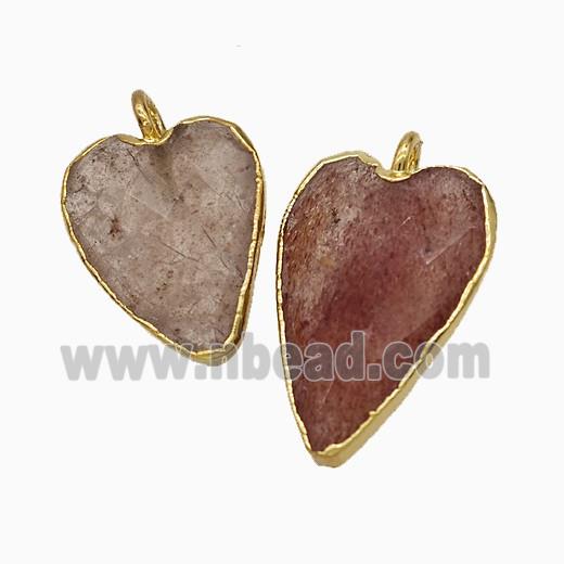Natural Pink Strawberry Quartz Heart Pendant Faceted Gold Plated