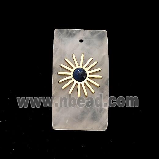 Rose Quartz Rectangle Pendant With Copper Sun Gold Plated