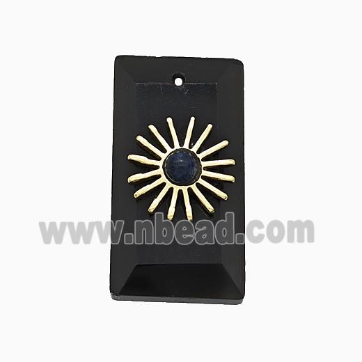 Black Obsidian Rectangle Pendant With Copper Sun Gold Plated