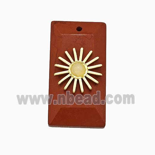 Red Jasper Rectangle Pendant With Copper Sun Gold Plated
