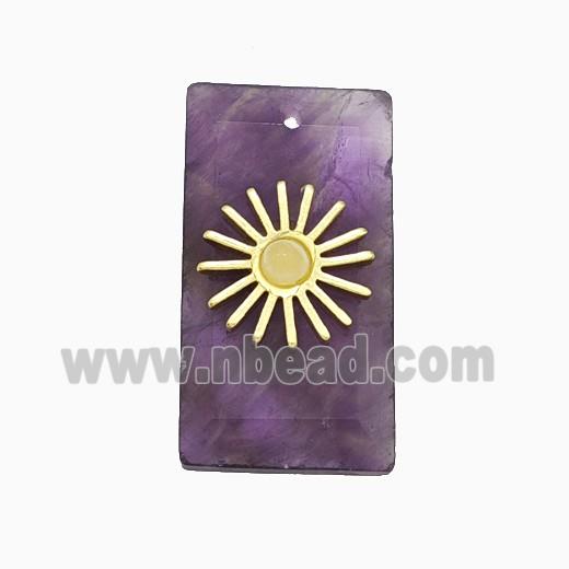 Purple Amethyst Rectangle Pendant With Copper Sun Gold Plated
