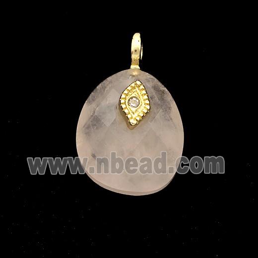 Pink Rose Quartz Teardrop Pendant With Copper Eye Gold Plated