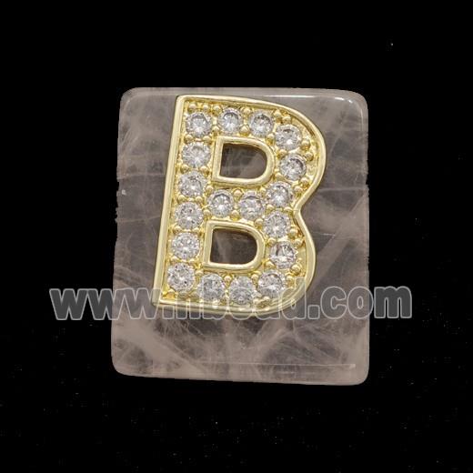Rose Quartz Square Pendant With Copper Letter-B Pave Zirconia Gold Plated