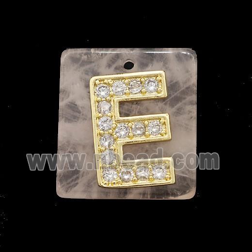 Rose Quartz Square Pendant With Copper Letter-E Pave Zirconia Gold Plated