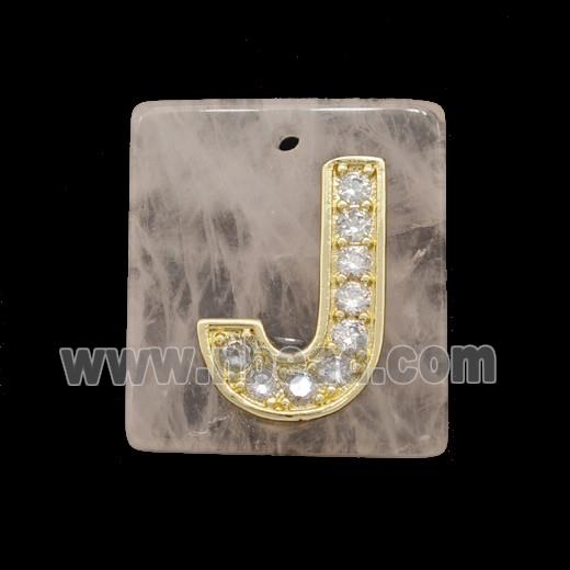 Rose Quartz Square Pendant With Copper Letter-J Pave Zirconia Gold Plated
