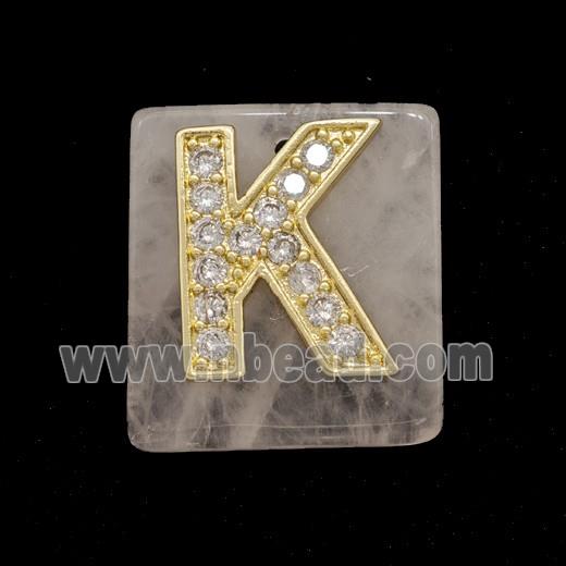 Rose Quartz Square Pendant With Copper Letter-K Pave Zirconia Gold Plated