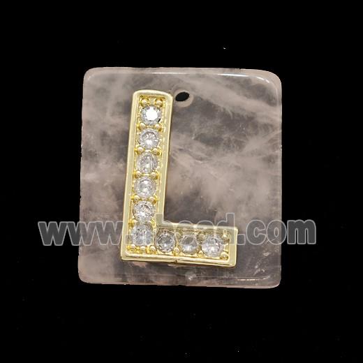 Rose Quartz Square Pendant With Copper Letter-L Pave Zirconia Gold Plated