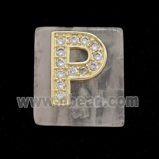 Rose Quartz Square Pendant With Copper Letter-P Pave Zirconia Gold Plated